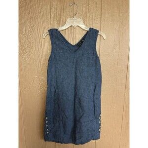 Tahari Womens Dress Shift Blue Linen Buttons Sleeveless XS V-Neck Summer Travel